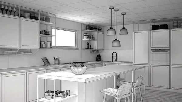 未完成的项目草案的厨房与木制细节和镶木地板 现代吊灯 简约的室内设计理念 岛屿与凳子和配件 — 图库照片