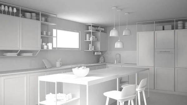 Total White Project Kitchen Wooden Details Parquet Floor Modern Pendant — Stock Photo, Image