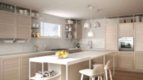 Blur Fundo Design Interiores Cozinha Branca Com Detalhes Madeira Piso — Fotografia de Stock