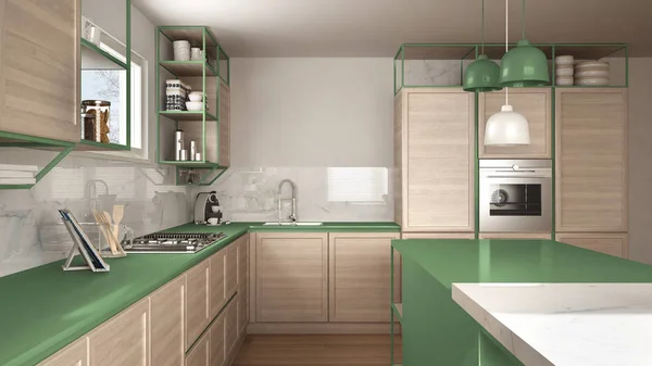 现代白色和绿色厨房 木制细节和镶木地板 现代吊灯 简约的室内设计理念 岛屿与凳子和配件 — 图库照片