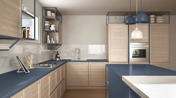 Moderne Weiß Blaue Küche Mit Holzdetails Und Parkettboden Moderne Pendelleuchten — Stockfoto