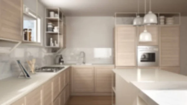 Diseño Interior Fondo Desenfoque Cocina Blanca Con Detalles Madera Suelo — Foto de Stock