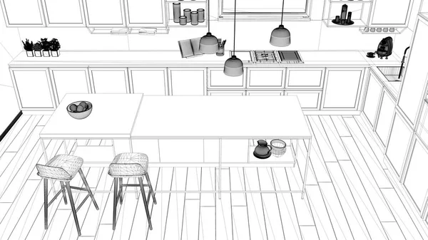 Szkic Czarno Białą Farbą Architektura Blueprint Wyświetlone Jest Nowoczesna Kuchnia — Zdjęcie stockowe