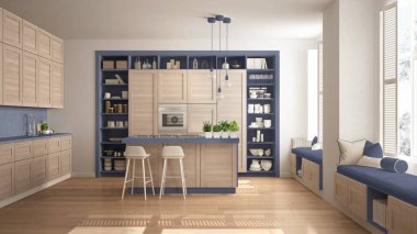 Modern mavi mutfak ahşap parke zemin, retro vintage iç tasarım, çağdaş ve lüks daire ayrıntılarda ile mimari açık alan oturma odası konsept fikir