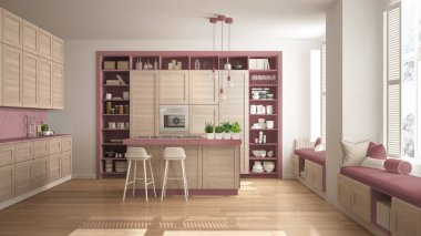 Modern kırmızı mutfak ahşap parke zemin, retro vintage iç tasarım, çağdaş ve lüks daire ayrıntılarda ile mimari açık alan oturma odası konsept fikir