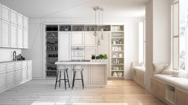 Mimar iç tasarım konsepti: gerçek olur tamamlanmamış proje, ahşap parke zemin, minimalist tasarım fikri ile çağdaş daire ayrıntılarda ile mutfak