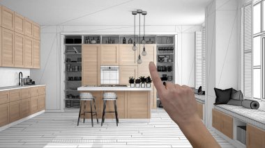 İnşaat taslak, konsept iç tasarım kroki, plan arka plan, mimar ve tasarımcı fikir ile el işaret gerçek ahşap Mutfak altında tamamlanmamış proje