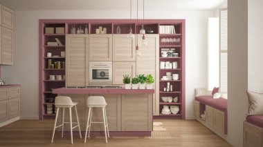 Modern kırmızı mutfak ahşap parke zemin, retro vintage iç tasarım, çağdaş ve lüks daire ayrıntılarda ile mimari açık alan oturma odası konsept fikir