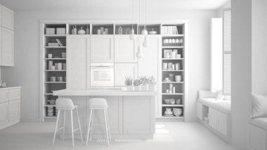 Toplam beyaz projesi, çağdaş ve lüks daire, retro vintage dekorasyon, mimari modern mutfak bitmemiş taslak alan oturma odası konsept fikir açık