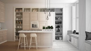 Mimar iç tasarım konsepti: gerçek olur tamamlanmamış proje, ahşap parke zemin, minimalist tasarım fikri ile çağdaş daire ayrıntılarda ile mutfak