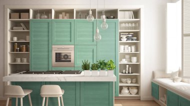 Modern beyaz mutfak parke zemin, retro vintage iç tasarım, çağdaş ve lüks daire turkuaz ahşap ayrıntıları mimari açık alan oturma odası konsept fikir
