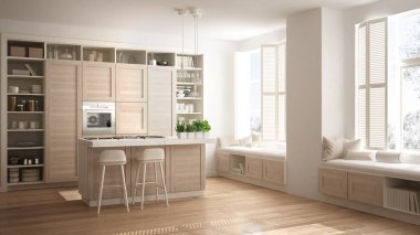 Modern beyaz mutfak ahşap parke zemin, retro vintage iç tasarım, çağdaş ve lüks daire ayrıntılarda ile mimari açık alan oturma odası konsept fikir