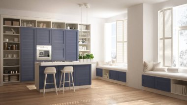 Modern beyaz mutfak parke zemin, retro vintage iç tasarım, çağdaş ve lüks daire mavi ahşap ayrıntıları mimari açık alan oturma odası konsept fikir