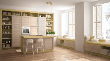 Modern sarı mutfak ahşap parke zemin, retro vintage iç tasarım, çağdaş ve lüks daire ayrıntılarda ile mimari açık alan oturma odası konsept fikir