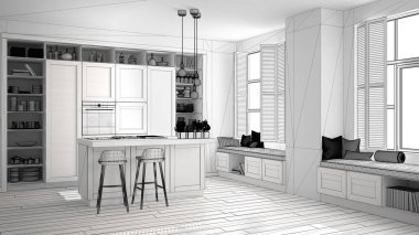 Modern mutfak çağdaş ve lüks daire, retro vintage dekorasyon, mimari açık alan oturma odası konsept fikir tamamlanmamış proje taslağı