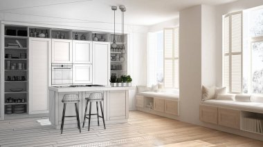 Mimar iç tasarım konsepti: gerçek olur tamamlanmamış proje, ahşap parke zemin, minimalist tasarım fikri ile çağdaş daire ayrıntılarda ile mutfak