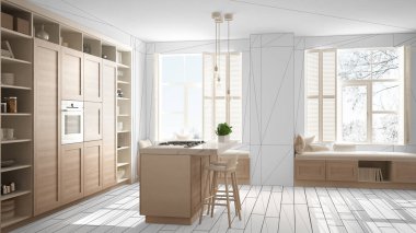 Modern beyaz mutfak çağdaş ve lüks daire, iç tasarım konsepti fikir, ahşap detayları ile siyah mürekkep kroki arka planda, minimalist mobilya