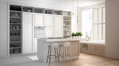 Mimar iç tasarım konsepti: gerçek olur tamamlanmamış proje, ahşap parke zemin, minimalist tasarım fikri ile çağdaş daire ayrıntılarda ile mutfak