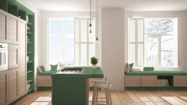 Modern yeşil mutfak ahşap parke zemin, retro vintage iç tasarım, çağdaş ve lüks daire ayrıntılarda ile mimari açık alan oturma odası konsept fikir