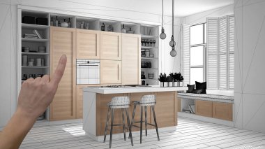 İnşaat taslak, konsept iç tasarım kroki, plan arka plan, mimar ve tasarımcı fikir ile el işaret gerçek ahşap Mutfak altında tamamlanmamış proje