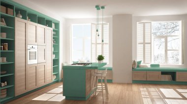 Modern turkuaz mutfak ahşap parke zemin, retro vintage iç tasarım, çağdaş ve lüks daire ayrıntılarda ile mimari açık alan oturma odası konsept fikir