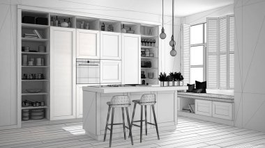 Modern mutfak çağdaş ve lüks daire, retro vintage dekorasyon, mimari açık alan oturma odası konsept fikir tamamlanmamış proje taslağı