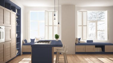 Modern mavi mutfak ahşap parke zemin, retro vintage iç tasarım, çağdaş ve lüks daire ayrıntılarda ile mimari açık alan oturma odası konsept fikir