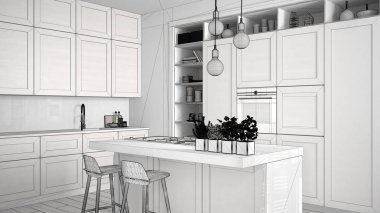 Modern mutfak çağdaş ve lüks daire, retro vintage dekorasyon, mimari açık alan oturma odası konsept fikir tamamlanmamış proje taslağı