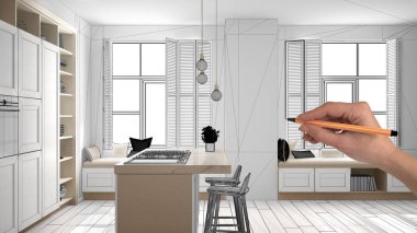 Altında inşaat taslak, konsept iç tasarım kroki, plan arka plan, mimar ve tasarımcı fikir ile el çizim gerçek mutfak kroki tamamlanmamış proje