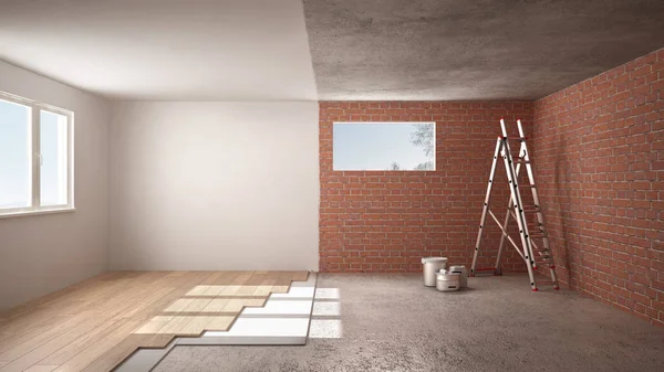 Home renovation, restructuring process, repair and wall painting, construction concept. Brick and painted walls, parquet floor, walls laying and covering, architecture interior design