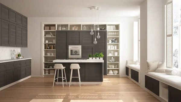 Moderna Cocina Blanca Con Detalles Madera Oscura Apartamento Lujo Contemporáneo — Foto de Stock