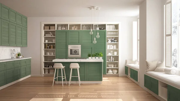 Современная Белая Кухня Зелеными Деревянными Деталями Современной Роскошной Квартире Паркетным — стоковое фото