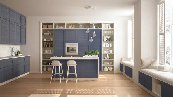 Moderne Weiße Küche Mit Blauen Holzdetails Zeitgenössischer Luxuswohnung Mit Parkettboden — Stockfoto