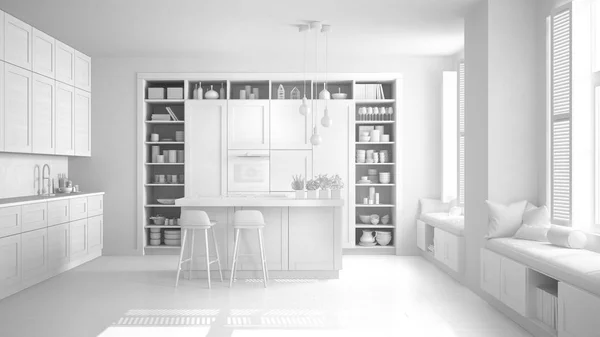 Celkový Projekt Bílé Nedokončený Návrh Moderní Kuchyně Moderní Luxusní Byt — Stock fotografie