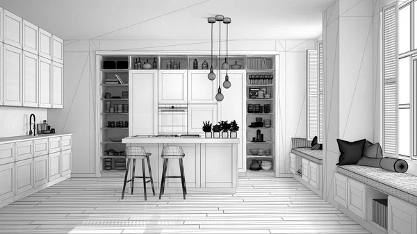 现代豪华公寓中的现代厨房未完成项目草案 复古复古室内设计 建筑开放式空间客厅概念理念 — 图库照片