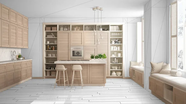 Moderne Witte Keuken Met Houten Details Hedendaagse Luxe Appartement Interieur — Stockfoto