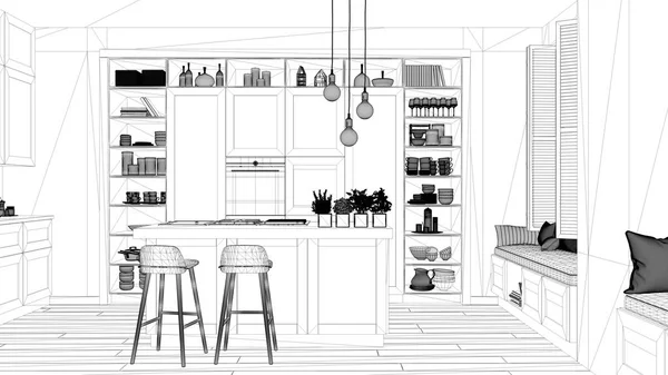 Proyecto Diseño Interiores Boceto Tinta Blanco Negro Diseño Arquitectura Que —  Fotos de Stock