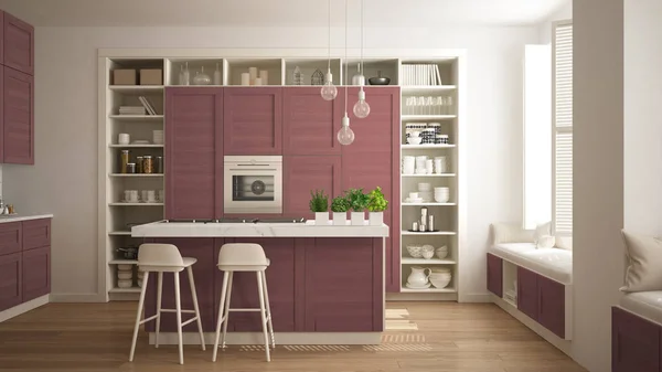 Modern White Kitchen Red Wooden Details Contemporary Luxury Apartment Parquet — Stock Photo, Image