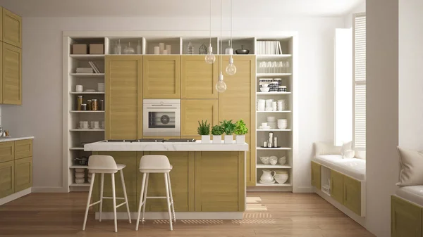 Moderne Weiße Küche Mit Gelben Holzdetails Zeitgenössischer Luxuswohnung Mit Parkettboden — Stockfoto