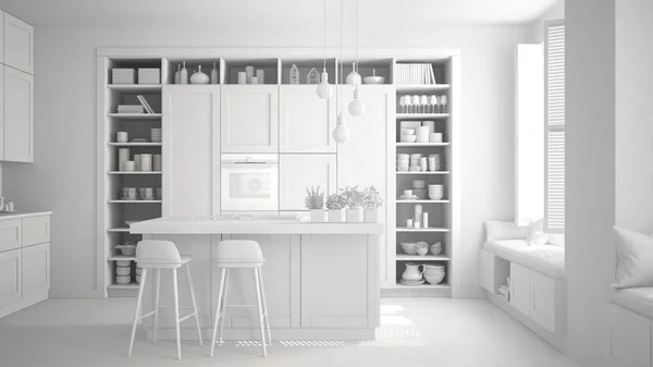 Totale Witte Project Onvoltooide Ontwerp Van Moderne Keuken Hedendaagse Luxe — Stockfoto