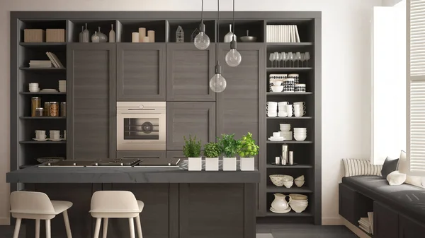 Cocina Gris Moderna Con Detalles Madera Oscura Apartamento Lujo Contemporáneo — Foto de Stock