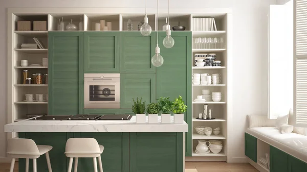 Nowoczesna Kuchnia Biały Zielonym Drewniane Szczegóły Nowoczesny Luksusowy Apartament Parkietu — Zdjęcie stockowe