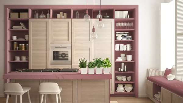 Cozinha Moderna Vermelha Com Detalhes Madeira Apartamento Luxo Contemporâneo Com — Fotografia de Stock