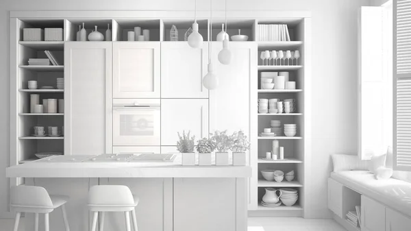Projeto Branco Total Rascunho Inacabado Cozinha Moderna Apartamento Luxo Contemporâneo — Fotografia de Stock