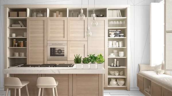 Dapur Putih Modern Dengan Rincian Kayu Apartemen Mewah Kontemporer Ide — Stok Foto
