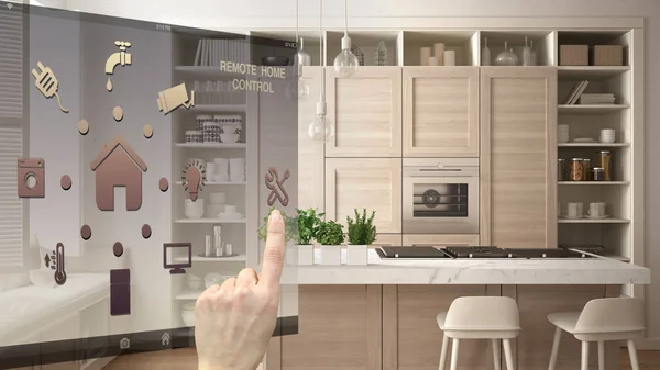 スマート ホーム コントロールの概念 建築インテリア デザインの現代的な高級アパートでモバイル アプリ バック グラウンド表示モダンな白いキッチンからデジタル インターフェイスを制御する手 — ストック写真
