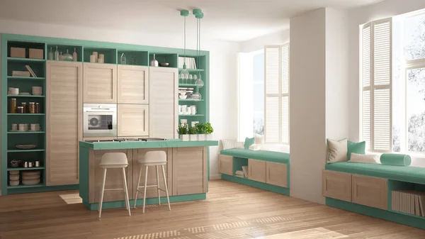 Modern Turquoise Kitchen Wooden Details Contemporary Luxury Apartment Parquet Floor — Stock Photo, Image