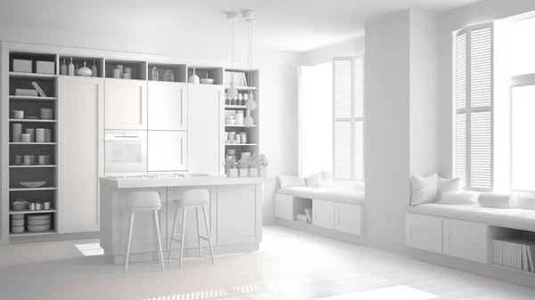 Progetto Bianco Totale Bozza Incompiuta Cucina Moderna Appartamento Lusso Contemporaneo — Foto Stock
