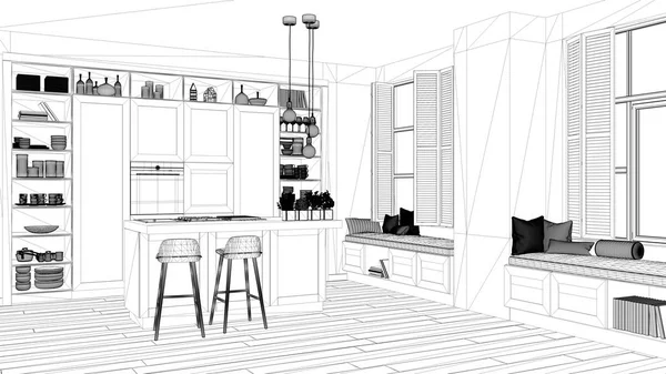 インテリア デザイン プロジェクト 黒と白インク スケッチ 寄せ木細工の床 現代的な現代的な豪華なアパート建築の青写真表示モダンなキッチン — ストック写真