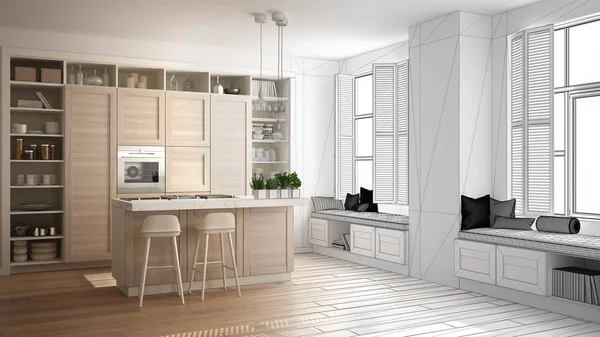 Architekt Innenarchitekturkonzept Unvollendetes Projekt Das Wirklichkeit Wird Küche Mit Holzdetails — Stockfoto